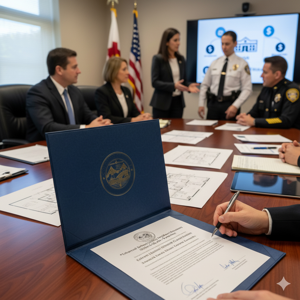 Photo of a board room and a grant getting signed off on